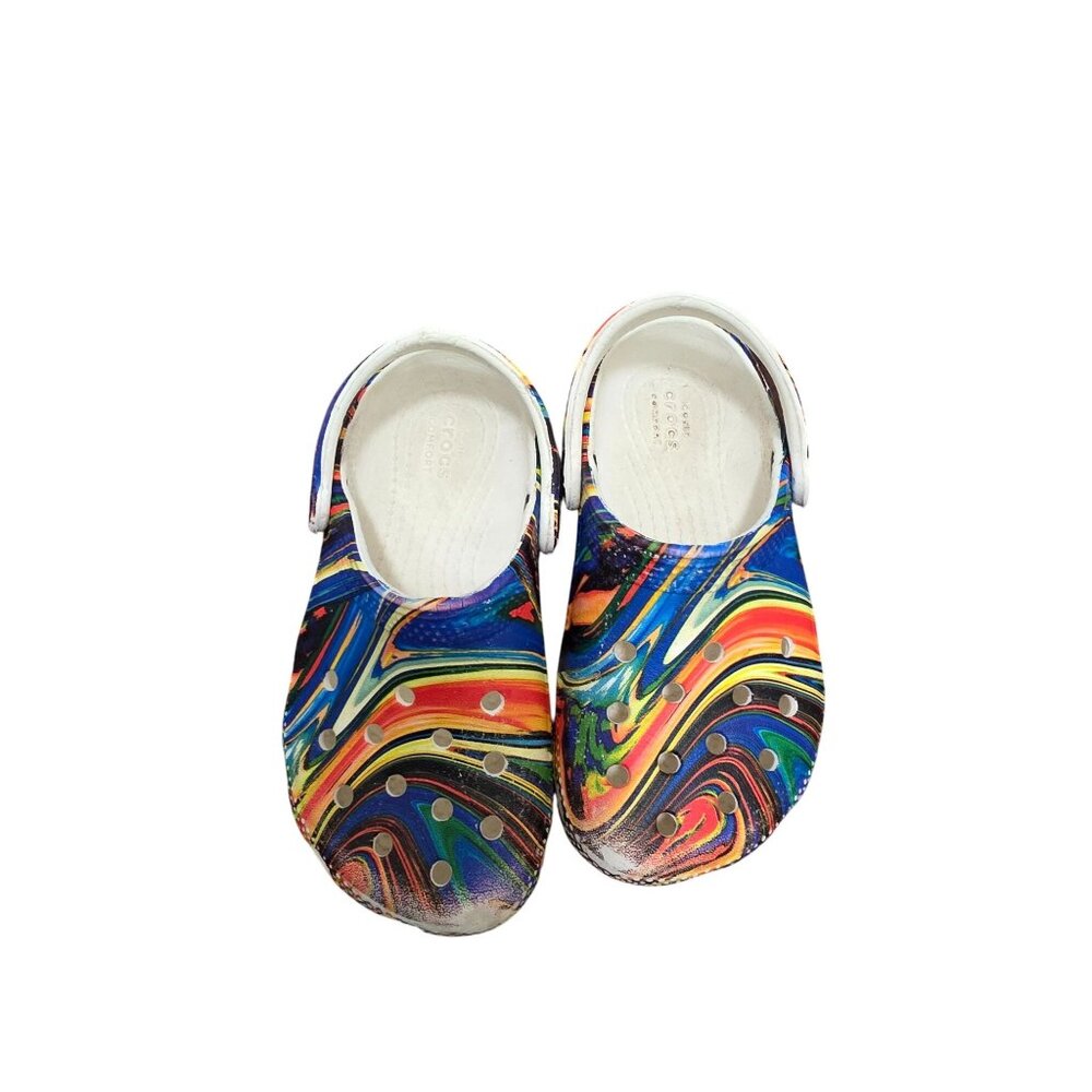 CROCS Classic Clogs Kids Multicolor Psychedelic Swirl Pattern Comfort Shoes Size